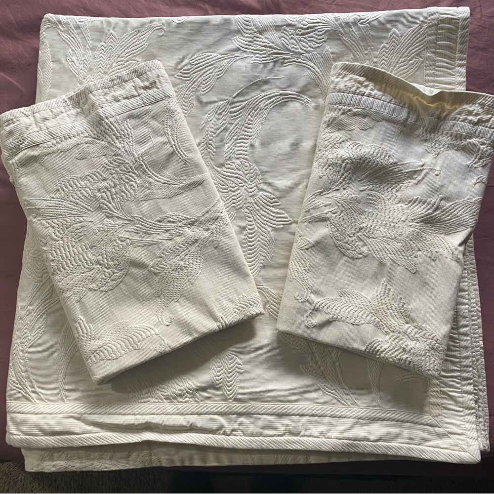 Anichini Elegant White Embroidered Coverlet & European Square pillowcases Set